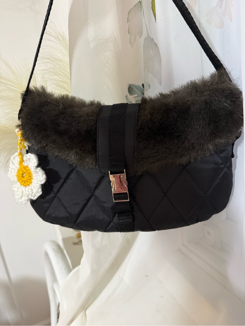 Bath & Body Works Black Quilted Shoulder Bag with Faux Fur Trim